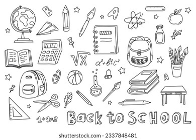 Obtención de útiles escolares. De vuelta al concepto de escuela. Colección de objetos escolares, garabato. Esbozar conjunto de iconos. Es bueno para envolver papel, papelería, reserva de recortes, papel pintado, impresiones textiles. Ilustración de vectores