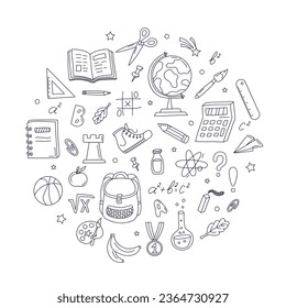 Hand drawn school supplies. Back to School concept. School object collection. Drawn doodle . Sketch icon set. Banner, template, background, design, sketch for school. Vector illustration in line