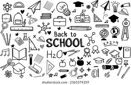 Hand drawn school supplies. Back to School concept. School object collection, doodle . Sketch icon set. Good for wrapping paper, stationery, scrapbooking, wallpaper, textile prints. Vector illustratio
