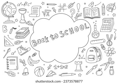 Hand drawn school supplies. Back to School concept. School object collection, doodle . Sketch icon set. Templates for ads, branding, banner. Vector illustration