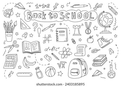 Hand drawn school supplies. Back to school doodle large set of elements. School object collection. Sketch icon set. Good for wrapping paper, stationery, scrapbooking, wallpaper, textile prints      