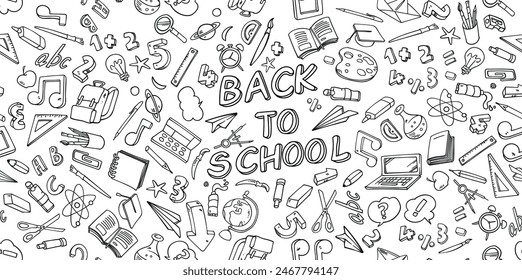 Hand drawn school supplies. Back to school doodle large set of elements. School object collection. vector illustration