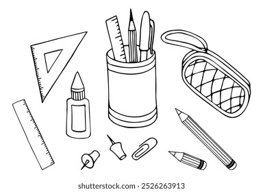 Hand drawn school supplies. Back to school doodle. School stationery object collection. Sketch icon set on transparent background. Line art. 