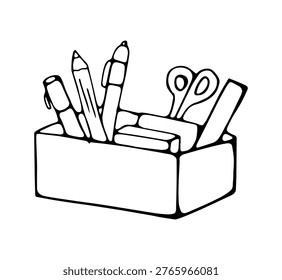 Hand drawn school supplies in box including pencils scissors and stationery items education concept illustration