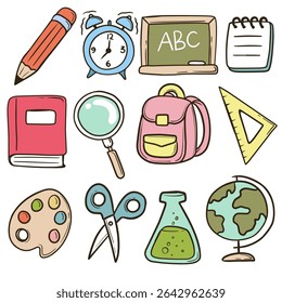 Hand Drawn School Supplies Doodle Set – Cute Educational Icons Collection
