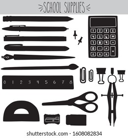 Hand Drawn School Supplies Doodles, Pen, Pencil, Eraser, Ruler, Scissors, Calculator, Push Pins, Paper Clips, Sharpener, Black Silhouette