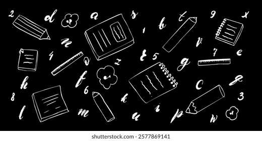 Hand drawn school supplies on a black background. Includes pencil, notebook, pen, pad, and ruler. Line style design elements.