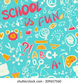 Hand Drawn School Supplies Pattern on Lined Notebook Paper. Vector Illustration.
