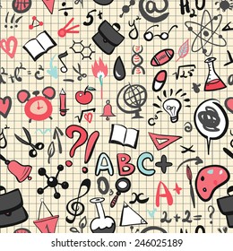 Hand Drawn School Supplies Pattern on Lined Notebook Paper. Vector Illustration.