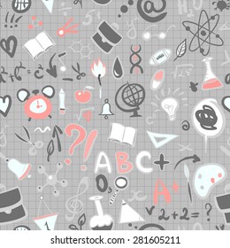 Hand Drawn School Supplies Pattern on Lined Notebook Paper. Vector Illustration.