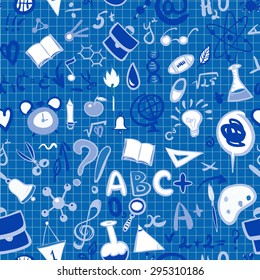 Hand Drawn School Supplies Pattern on Lined Notebook Paper. Vector Illustration.