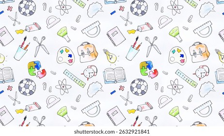 Hand Drawn School Supplies Seamless Pattern Watercolor Illustration