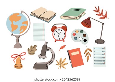 Hand Drawn School Supplies Set, Flat Illustration