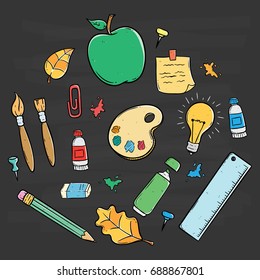 hand drawn of school supplies set on chalkboard background