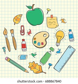 hand drawn of school supplies set on paper background
