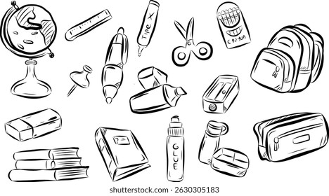 Hand Drawn School Supplies Sketch Collection in Doodle Line Art Style