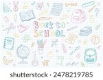 Hand drawn school supplies, stationery. Back to School concept. Free drawing of school subjects on checkered sheet of notebook. Sketch icon set, doodles. Good for wrapping paper, textile prints 