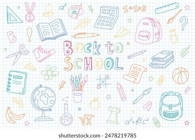 Hand drawn school supplies, stationery. Back to School concept. Free drawing of school subjects on checkered sheet of notebook. Sketch icon set, doodles. Good for wrapping paper, textile prints 