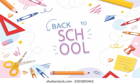 Hand drawn school supplies, stationery. Back to School concept. Free drawing of school subjects on checkered sheet of notebook. Sketch icon set,