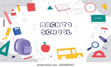 Hand drawn school supplies, stationery. Back to School concept. Free drawing of school subjects on checkered sheet of notebook. Sketch icon set,