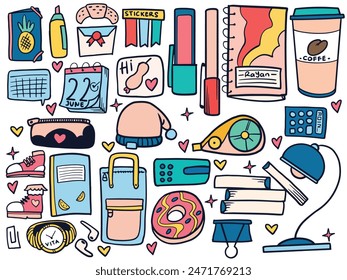 Hand drawn of school supplies stickers set in colorful style. Education and school concept vector illustration isolated on white background.