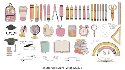 Hand drawn school supplies for students backpack pencil pen globe calculator textbook etc vector illustration set isolated on white. Groovy back to school education print collection.