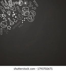 Hand drawn school supplies in white on black school board, back to school, copyspace.