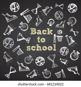 Hand drawn school symbol on black chalkboard. With text Welcome Back to school Vector illustration