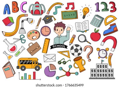 hand drawn School theme colored doodle vector elements, objects and symbols