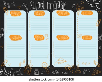 Hand drawn school timetable template with days of week and free spaces for notes on chalkboard.