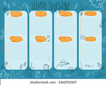 Hand drawn school timetable template with days of week and free spaces for notes.