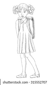 Hand drawn schoolgirl with backpack Vector sketch
