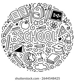 Hand drawn school-themed doodle illustration with various education-related objects like books, globe, pencils, backpack, blackboard, and ruler. Ideal for posters, stationery or web banners.
