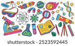 hand drawn science and chemistry doodle elements objects and symbols, flat vector illustration