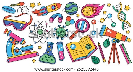 hand drawn science and chemistry doodle elements objects and symbols, flat vector illustration