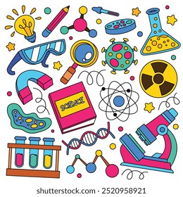 hand drawn science doodle elements objects and symbols, flat vector illustration.