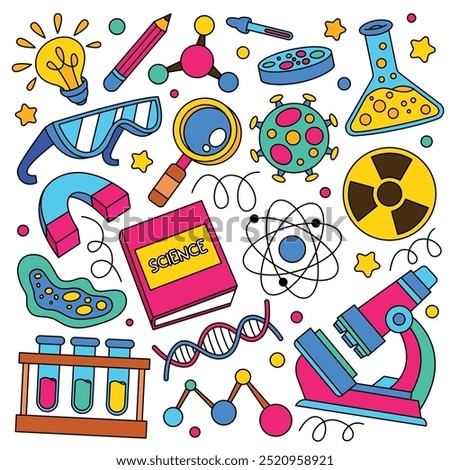 hand drawn science doodle elements objects and symbols, flat vector illustration.