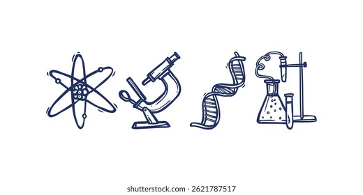 Ilustração desenhada à mão de ícone de ciência e educação com ferramentas de laboratório estilo doodle, livros, equações, átomos e objetos de aprendizagem para uso do conhecimento, escola ou acadêmico