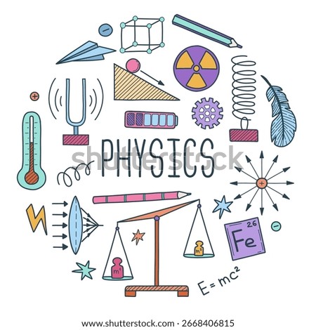 Hand drawn science elements poster.  Physics theory doodle elements and formulas in round shape