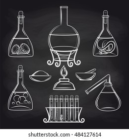 Hand drawn science lab equipment set on chalkboard vector illustration