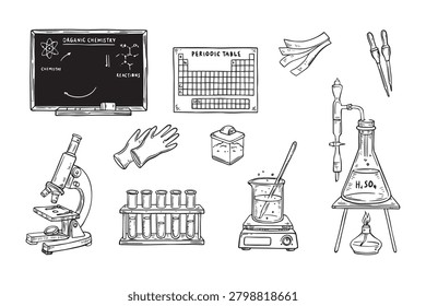 Hand drawn science and laboratory equipment collection featuring microscope, test tubes, chemistry tools, and classroom learning elements. Educational doodle line art illustration set.