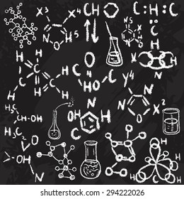 Hand drawn science laboratory icons sketch. Chalk on a blackboard. Vector illustration.Back to School. Science lab objects doodle style sketch, Laboratory equipment.