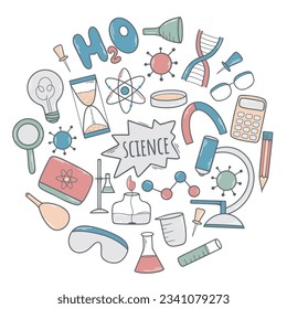 Hand drawn science round banner. Chemistry, biologists and physics concept. Doodle brochure scientific research, experiments and study, vector illustration