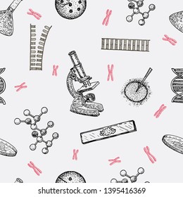 Hand drawn Science seamless pattern. Scientific background, seamless pattern with DNA, the genetic spiral, microscope, pipette, medical experiments. Human dna research technology symbols.