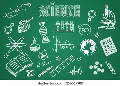 Hand drawn science set. Chalk on the blackboard