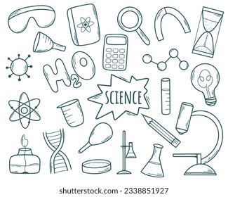 Hand drawn science set. Subjects and attributes of physics, chemistry and biology doodle sketch style. Scientific element collection, clip art vector illustration