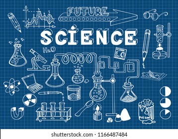 Hand drawn Science Sketch education school vector illustration. Doodle scientific school background. Science arrow bubble set from flasks, chemical reagents, graphs. Blueprint wallpapers. 