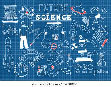 Hand drawn Science Sketch education school vector illustration. Doodle scientific school background. Science arrow bubble set from flasks, chemical reagents, graphs. Blueprint wallpapers. 