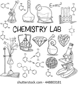 Hand Drawn Science Vintage Chemistry Lab Sketch Set . Vector Illustration. Back To School. Doodle Lab Equipment. Biology, Chemistry Collections