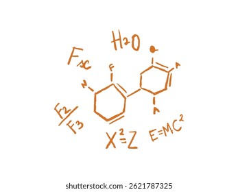 Hand drawn scientific and chemical equations vector illustration with atomic structures, molecular bonds and chemistry formulas for science education themes